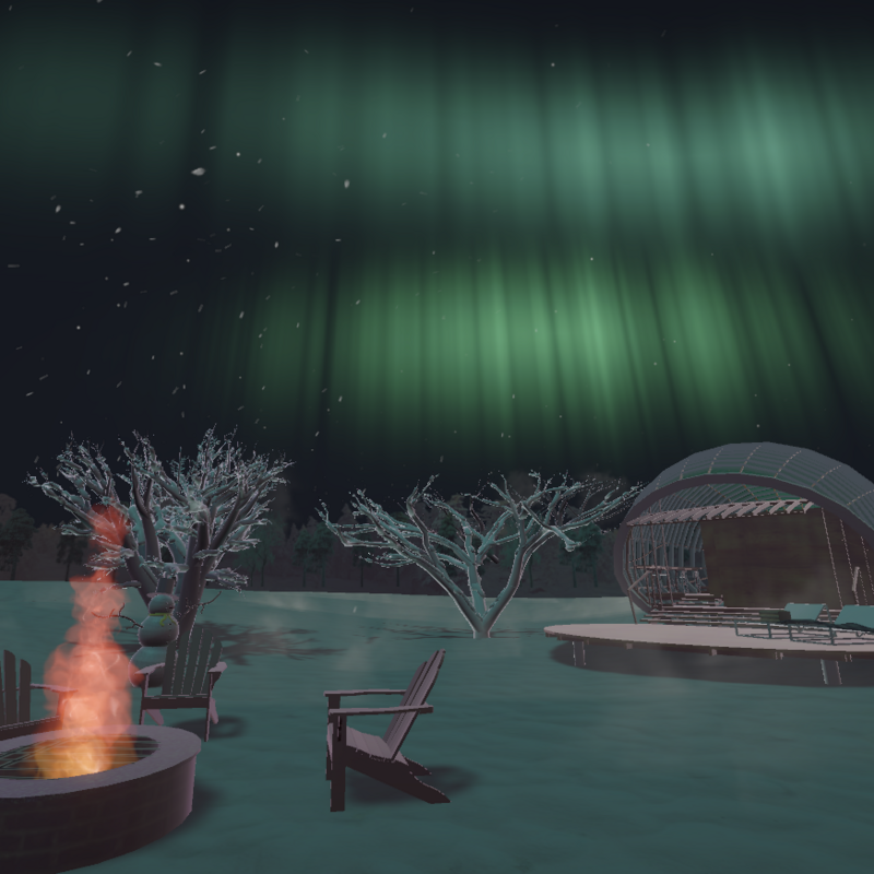 Arctic Retreat, a community hub, was designed in Blender, incorporating select third-party assets. The Aurora Borealis effect was created within Unity using the Shader Graph. Additionally, the realistic fire was achieved through the adept use of Unity's particle system.